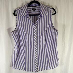 Talbots Blouse Women's 16 Purple White Striped Button Up Vneck Collared Non Iron